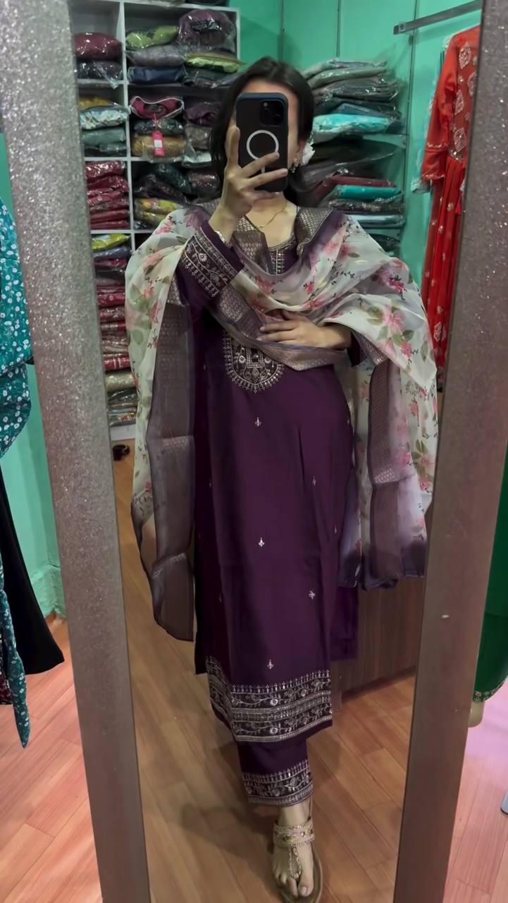 Purple Premium Designer Readymade Top & Bottom Set with Elegant Dupatta – Party Wear Collection