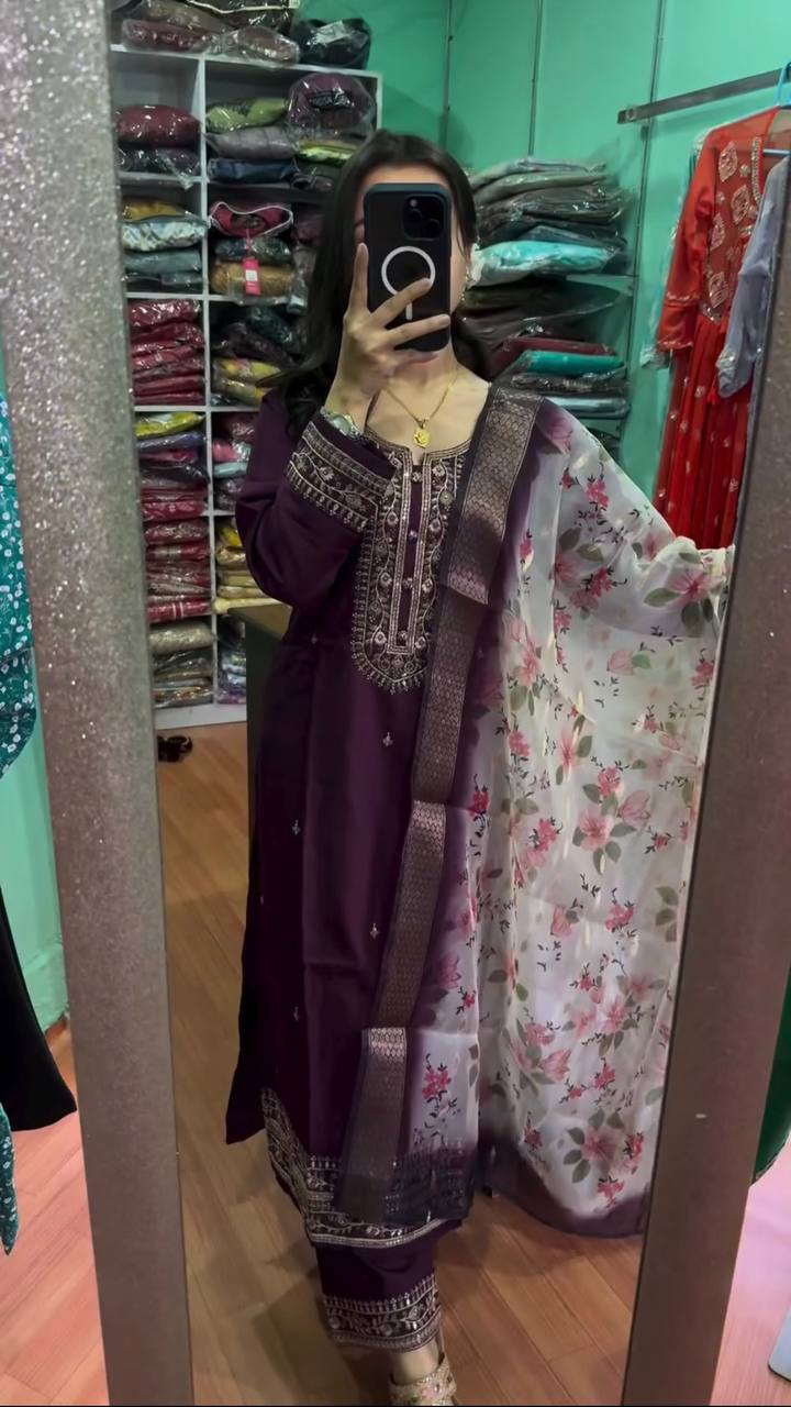 Purple Premium Designer Readymade Top & Bottom Set with Elegant Dupatta – Party Wear Collection