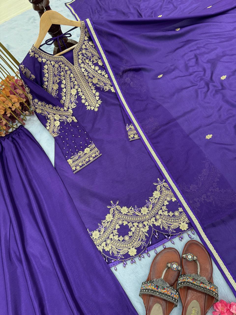 Purple Premium Designer Readymade Top, Palazzo & Dupatta Collection Elegant Party Wear in Chinon Silk