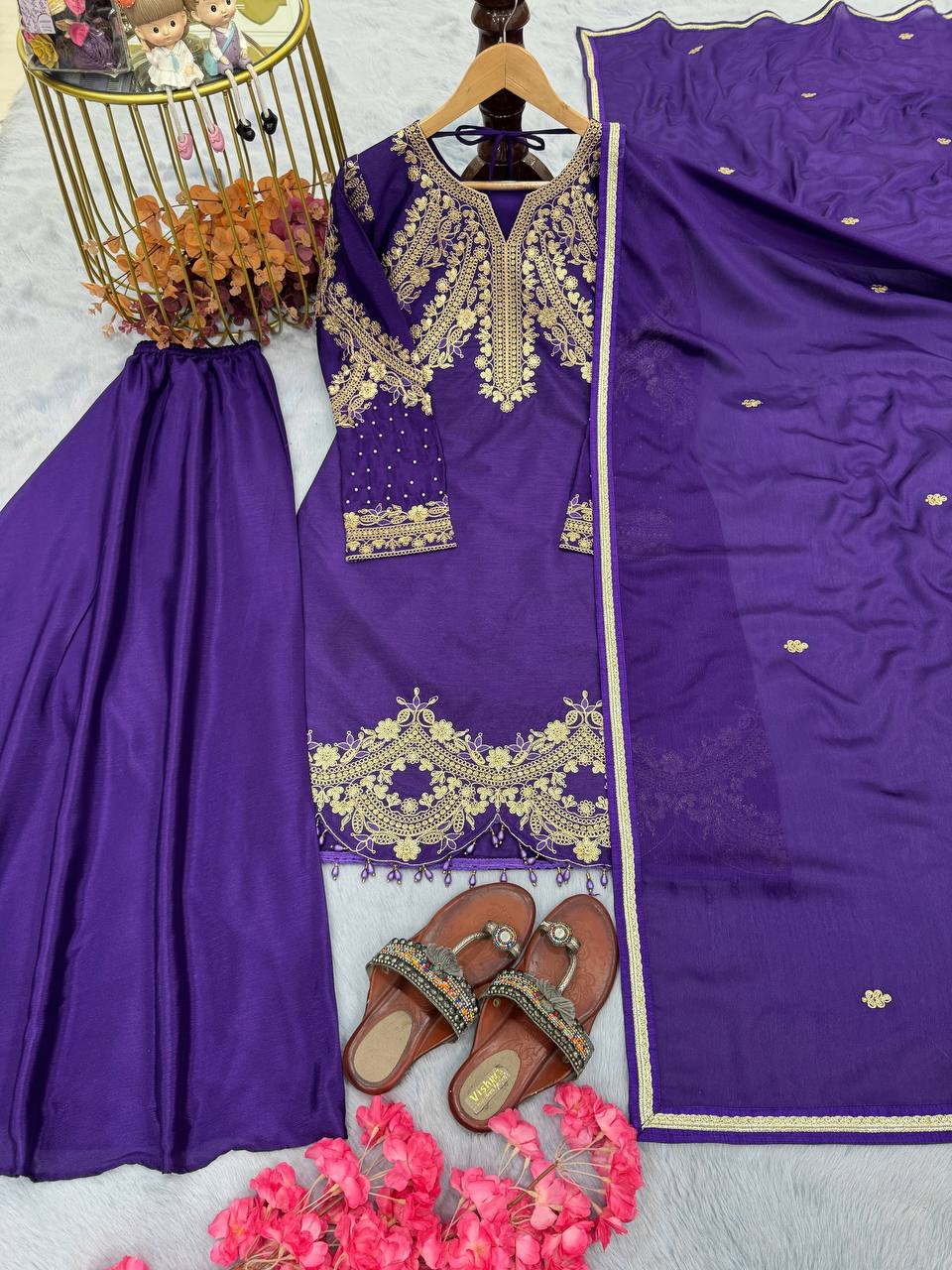 Purple Premium Designer Readymade Top, Palazzo & Dupatta Collection Elegant Party Wear in Chinon Silk