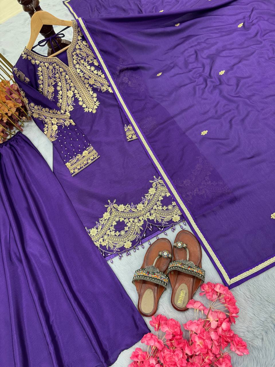 Purple Premium Designer Readymade Top, Palazzo & Dupatta Collection Elegant Party Wear in Chinon Silk