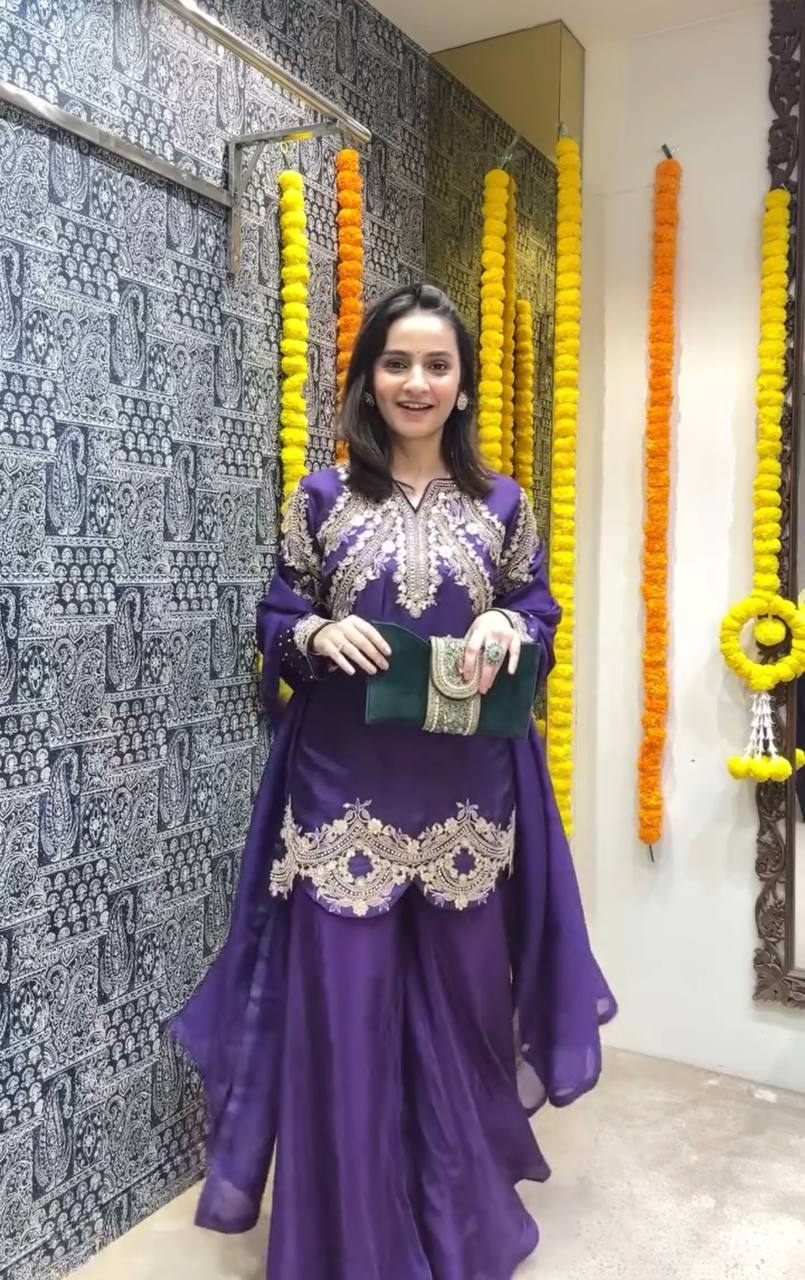Purple Premium Designer Readymade Top, Palazzo & Dupatta Collection Elegant Party Wear in Chinon Silk