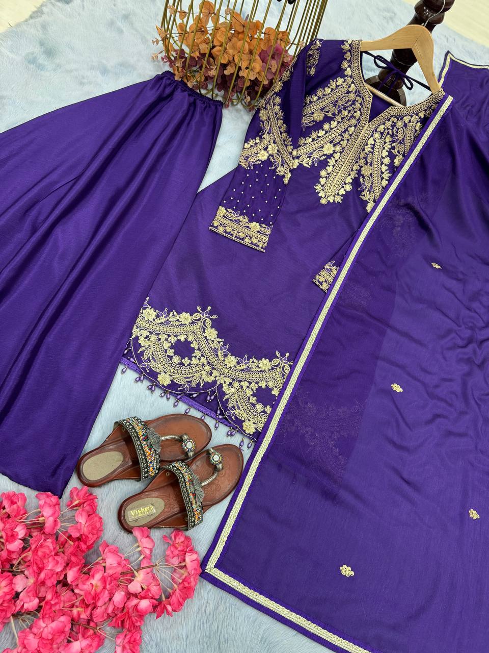 Purple Premium Designer Readymade Top, Palazzo & Dupatta Collection Elegant Party Wear in Chinon Silk