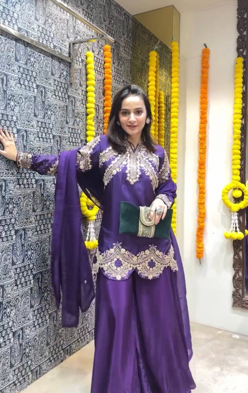 Purple Premium Designer Readymade Top, Palazzo & Dupatta Collection Elegant Party Wear in Chinon Silk