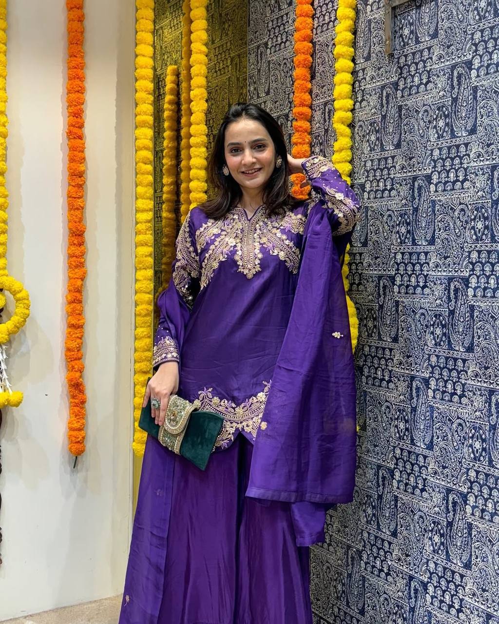 Purple Premium Designer Readymade Top, Palazzo & Dupatta Collection Elegant Party Wear in Chinon Silk