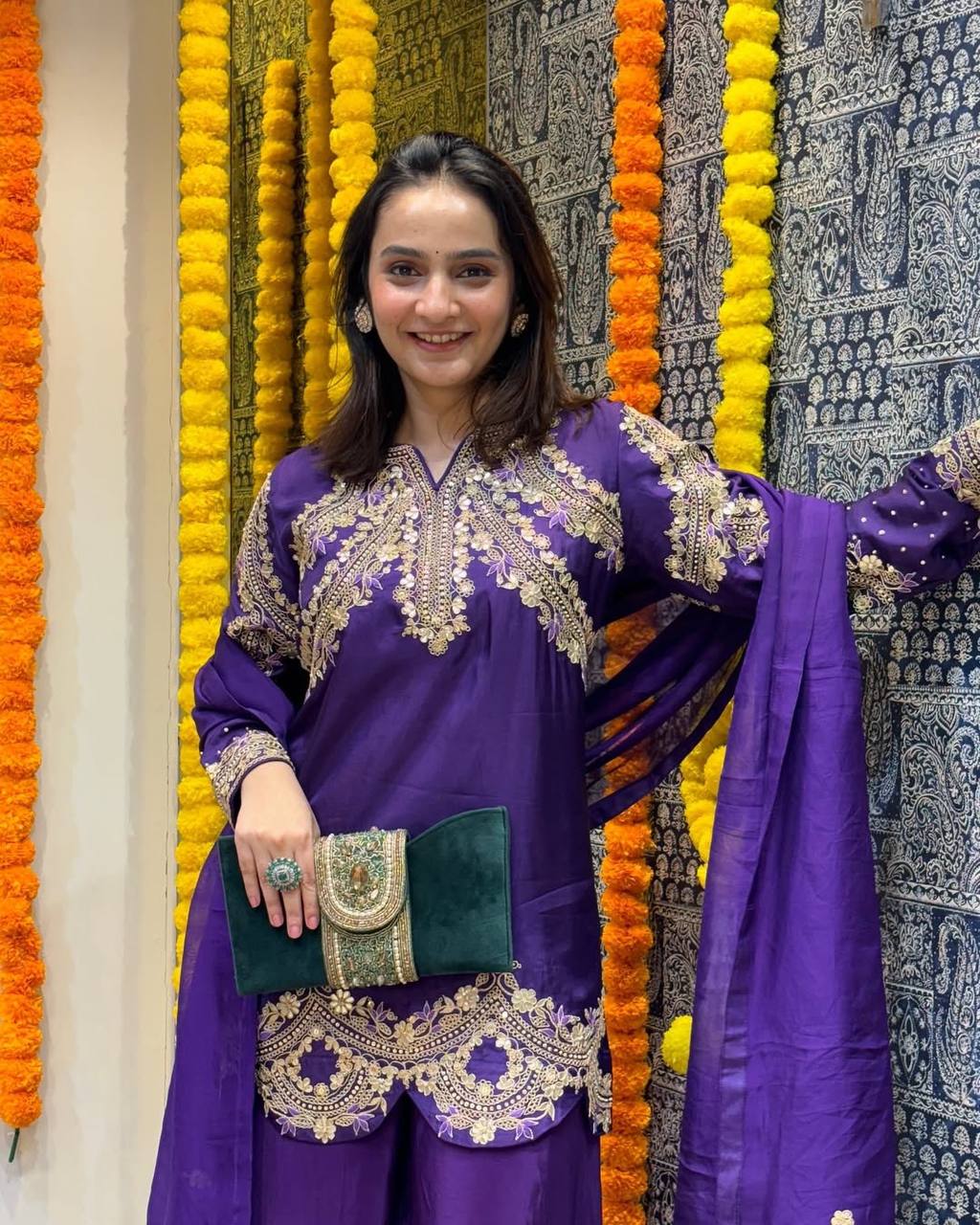 Purple Premium Designer Readymade Top, Palazzo & Dupatta Collection Elegant Party Wear in Chinon Silk