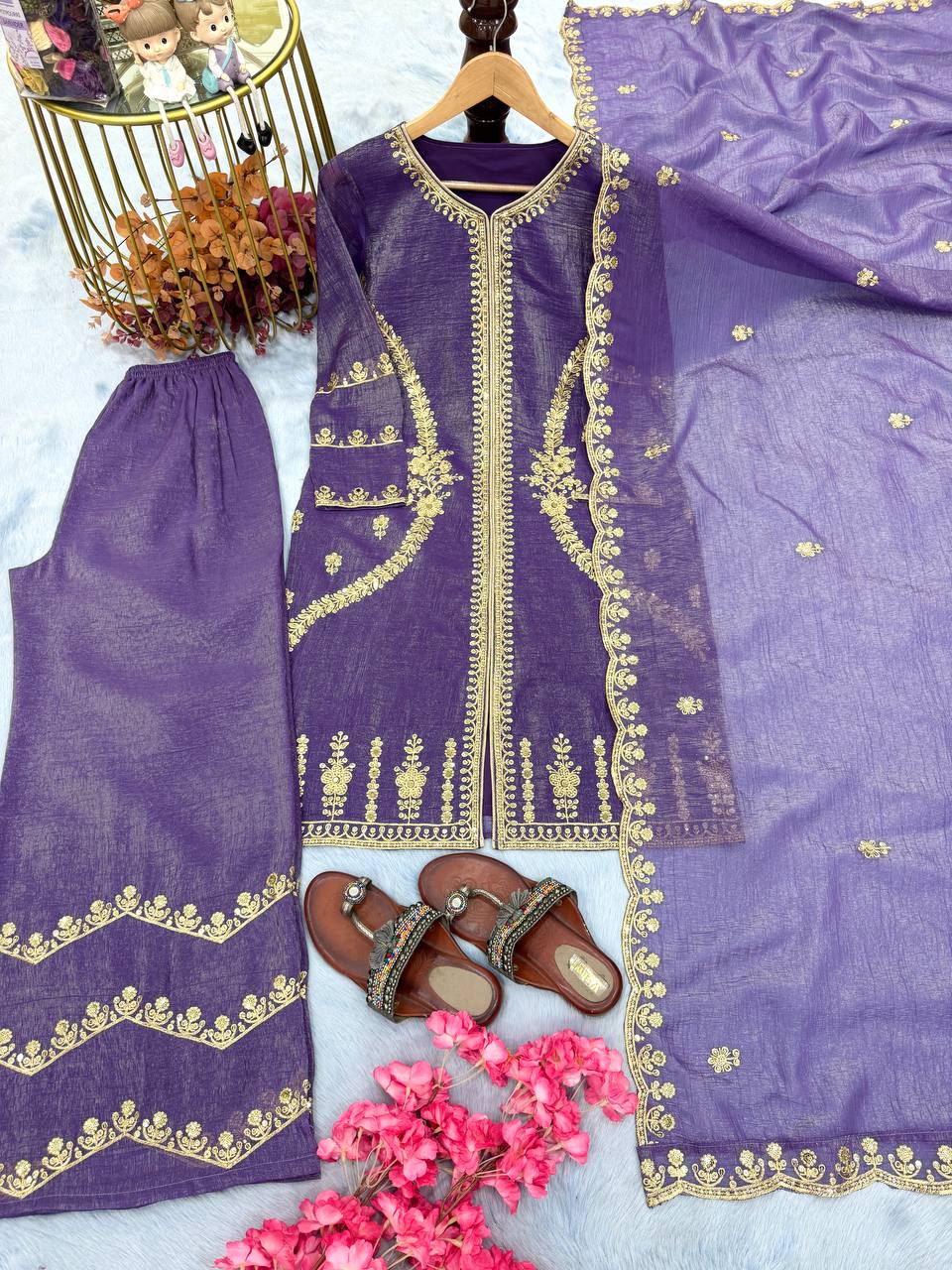 Purple Premium Designer Readymade Top, Plazzo & Dupatta Collection – Party Wear Edition