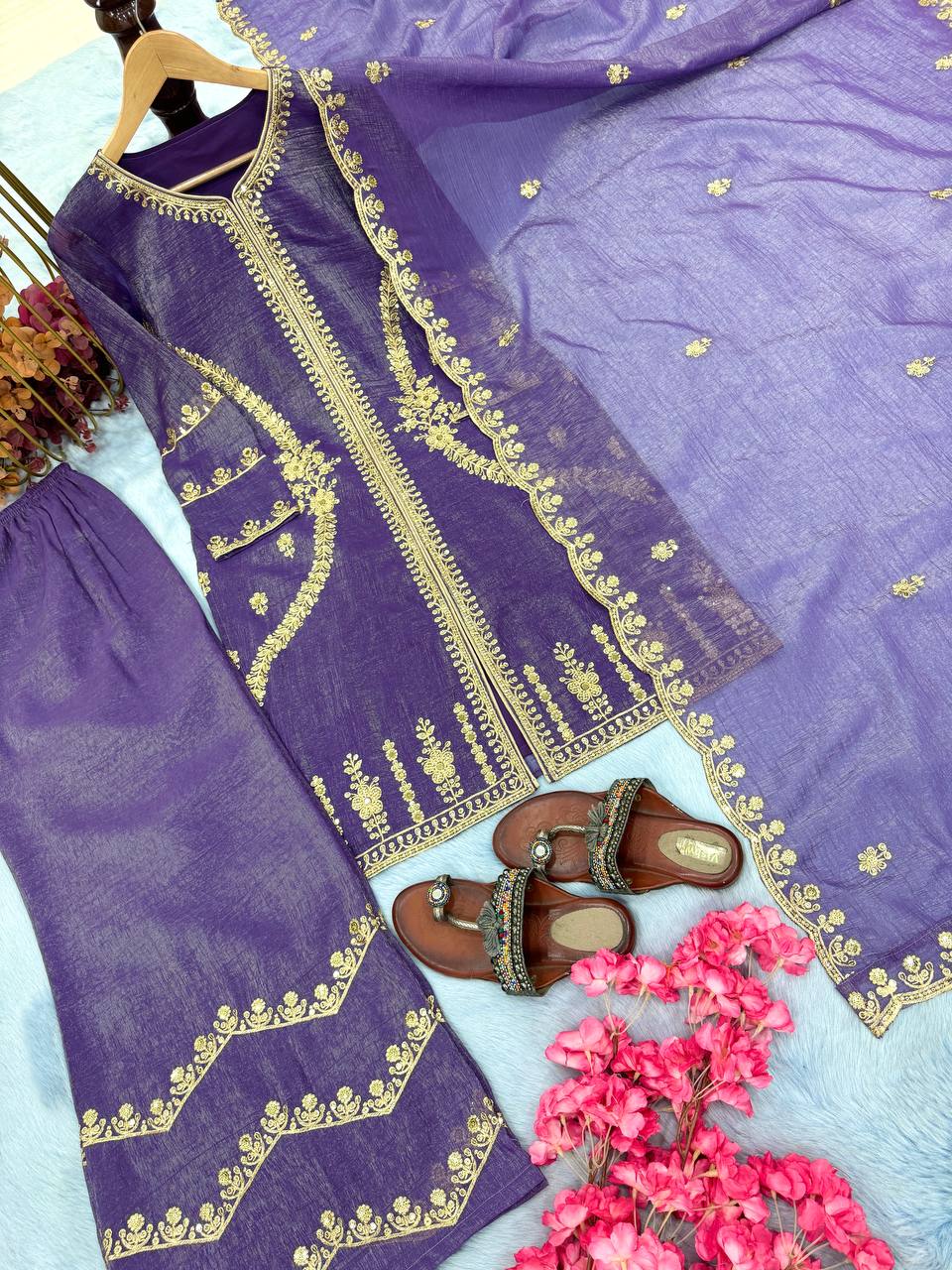 Purple Premium Designer Readymade Top, Plazzo & Dupatta Collection – Party Wear Edition