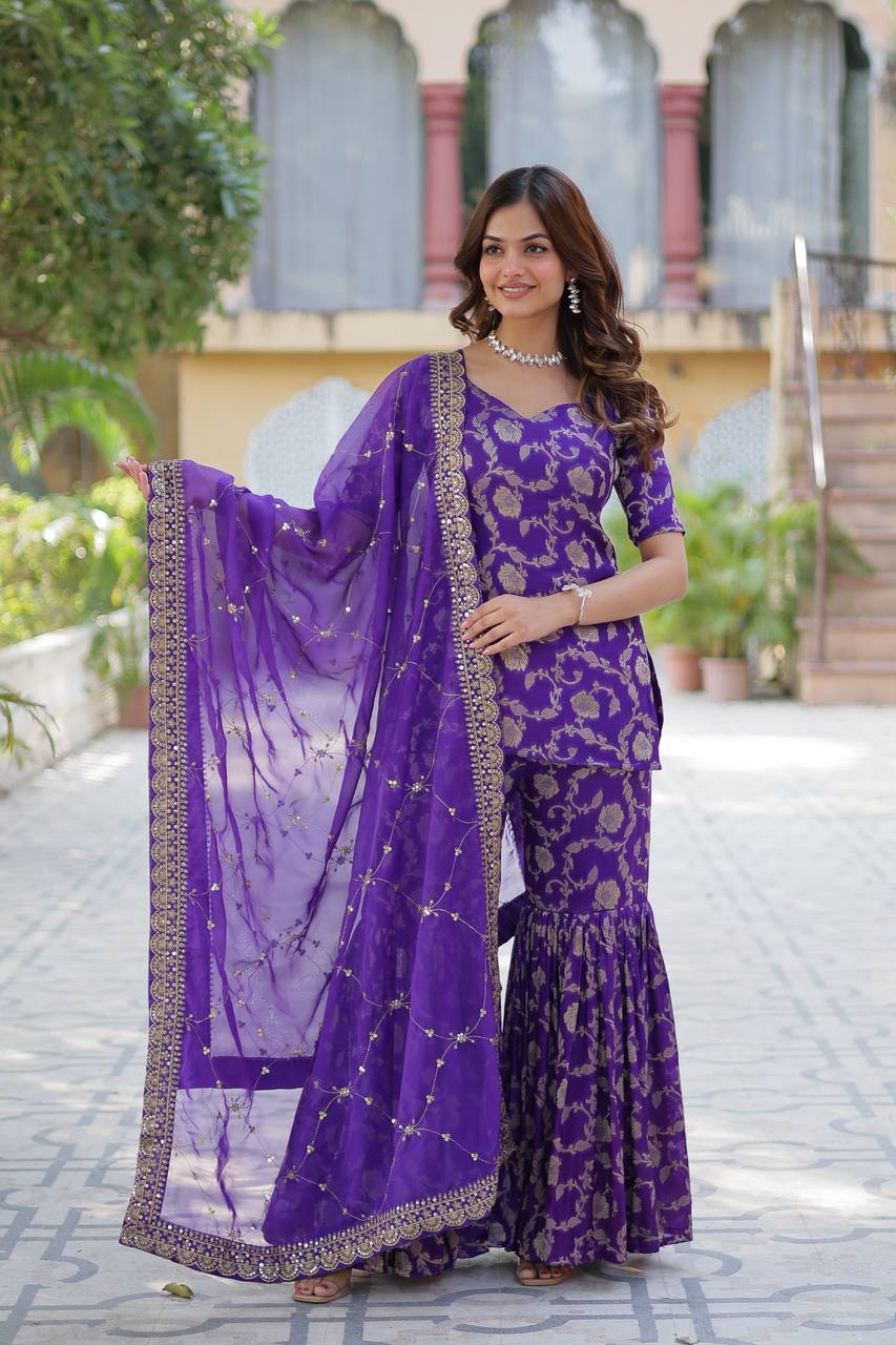 Purple Premium Designer Readymade Top-Sharara-Dupatta Collection