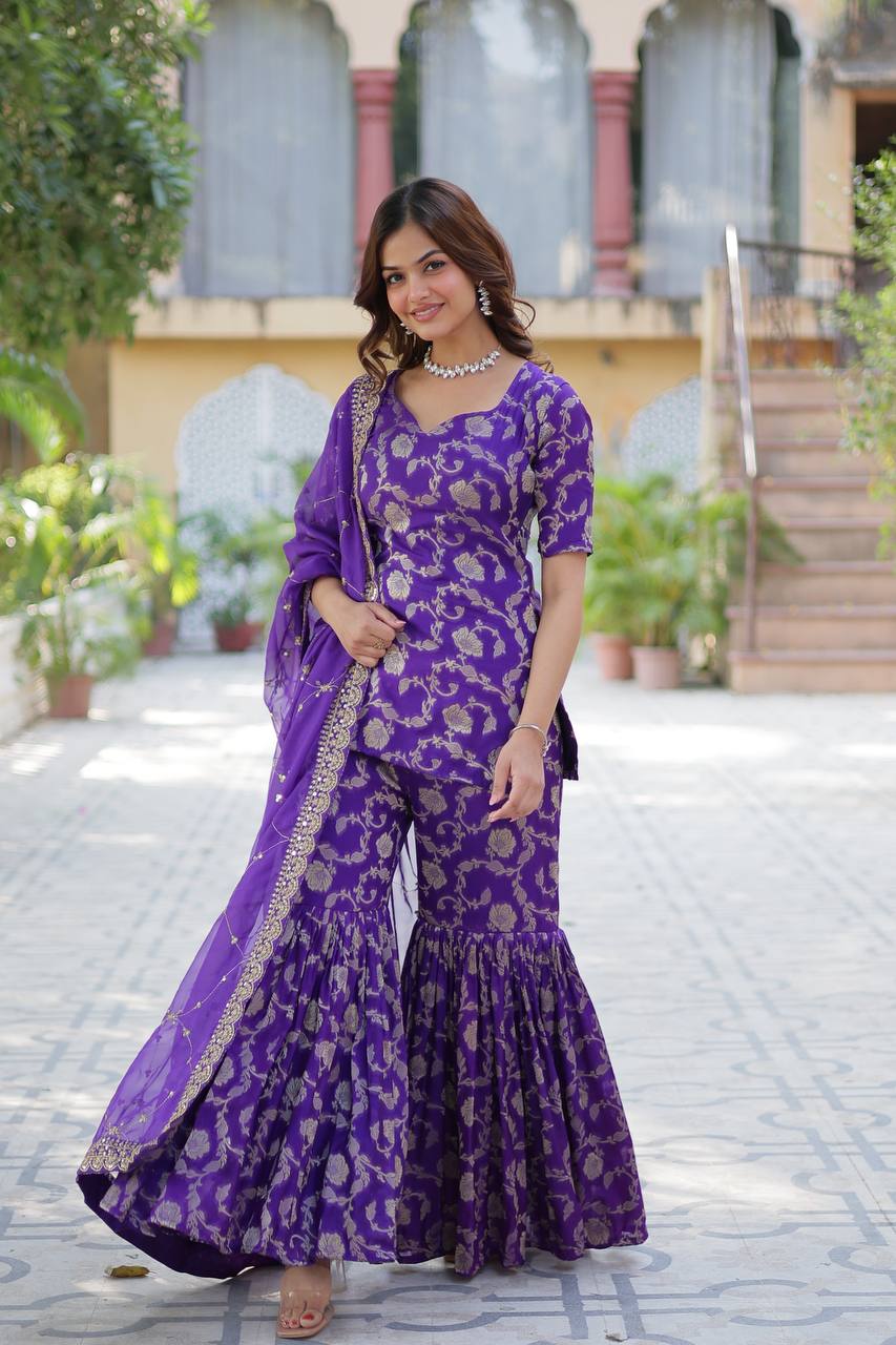 Purple Premium Designer Readymade Top-Sharara-Dupatta Collection