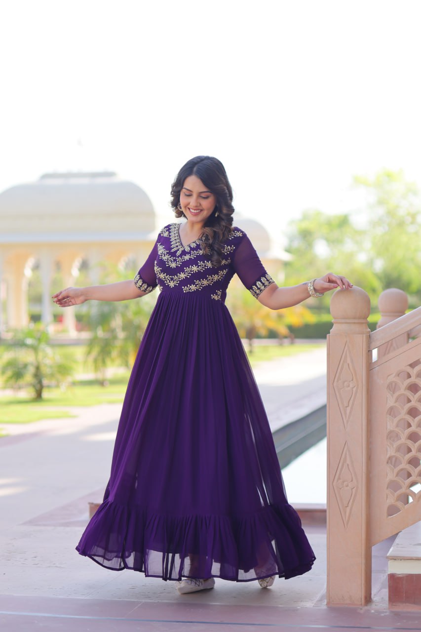 Purple Premium Faux Blooming Frill Gown with Sequins, Multithread & Beads Embroidery