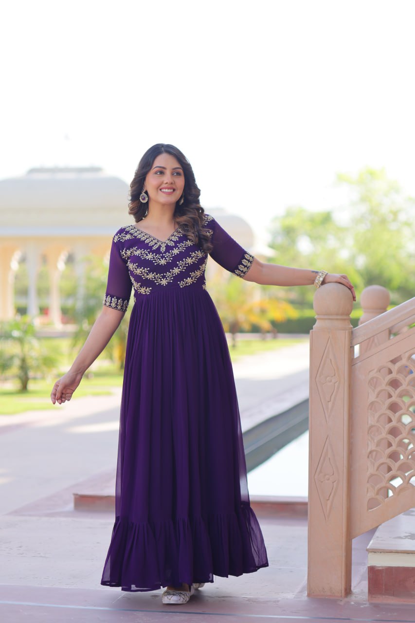 Purple Premium Faux Blooming Frill Gown with Sequins, Multithread & Beads Embroidery