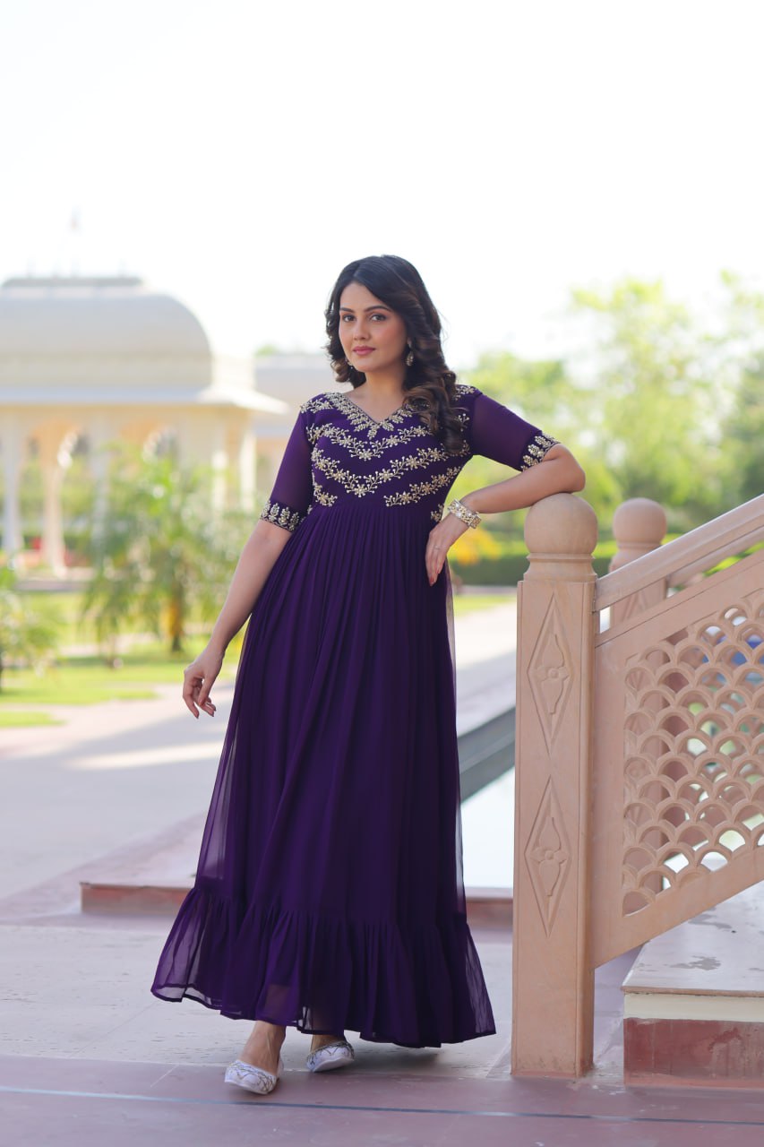 Purple Premium Faux Blooming Frill Gown with Sequins, Multithread & Beads Embroidery