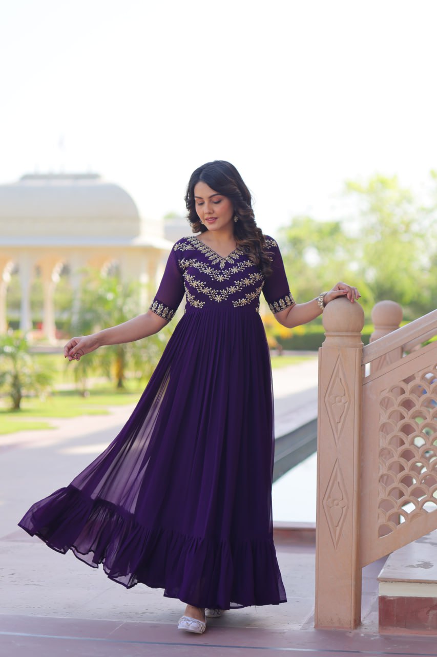 Purple Premium Faux Blooming Frill Gown with Sequins, Multithread & Beads Embroidery