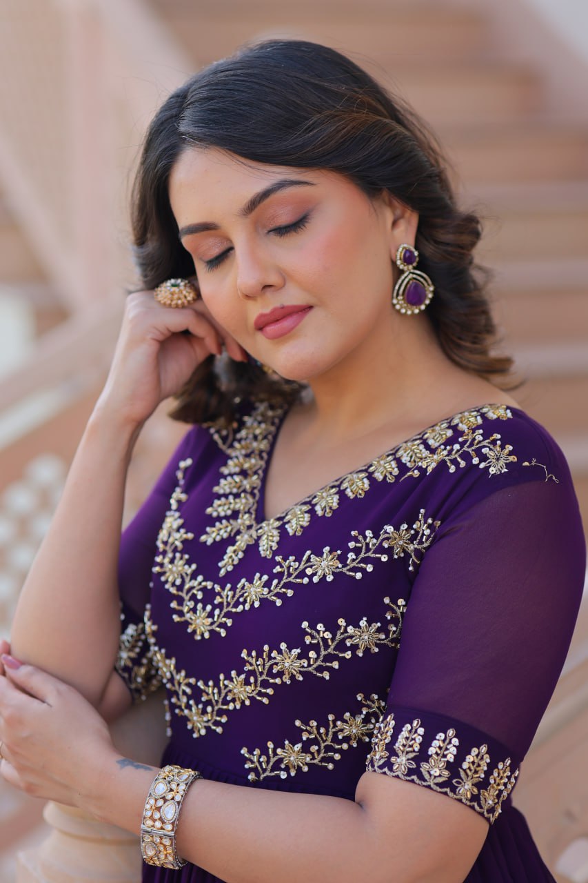 Purple Premium Faux Blooming Frill Gown with Sequins, Multithread & Beads Embroidery