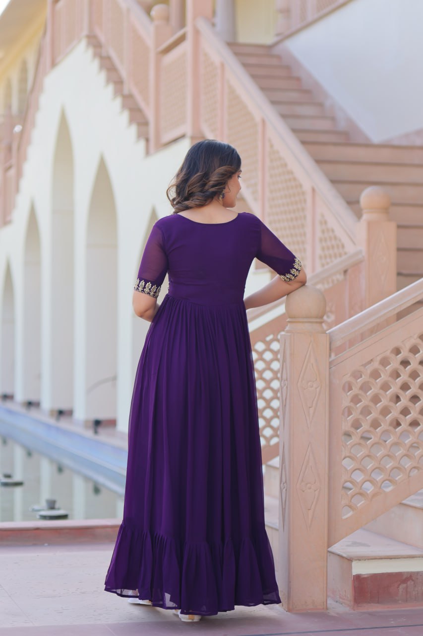 Purple Premium Faux Blooming Frill Gown with Sequins, Multithread & Beads Embroidery