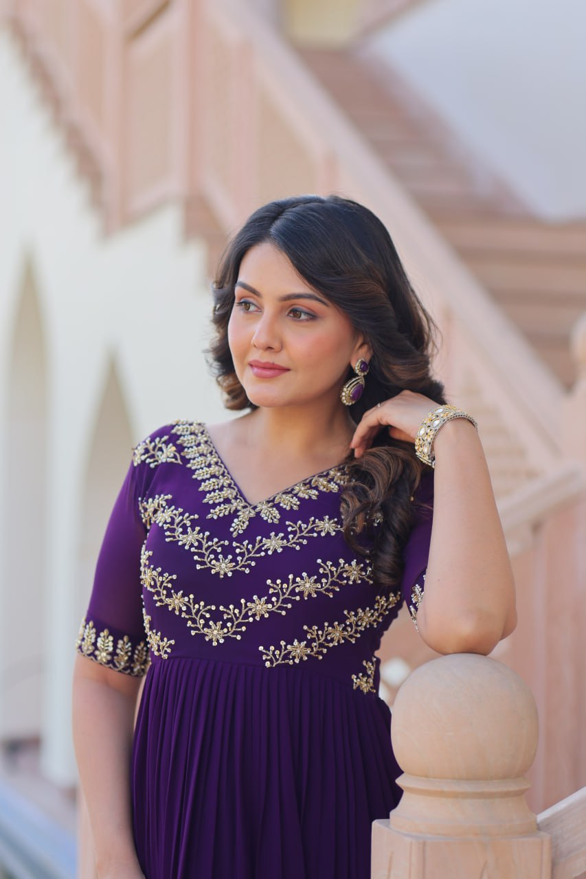 Purple Premium Faux Blooming Frill Gown with Sequins, Multithread & Beads Embroidery