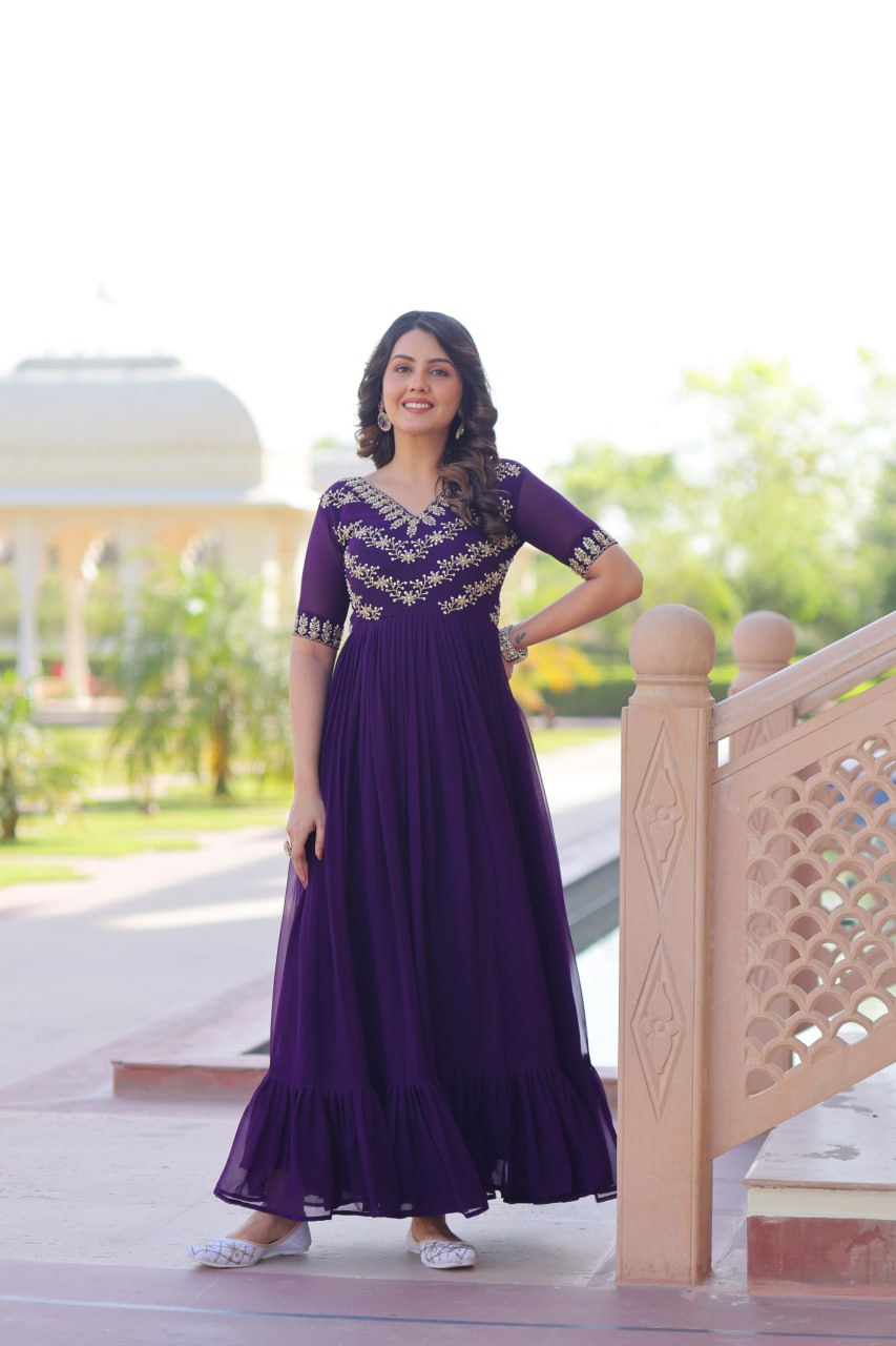 Purple Premium Faux Blooming Frill Gown with Sequins, Multithread & Beads Embroidery