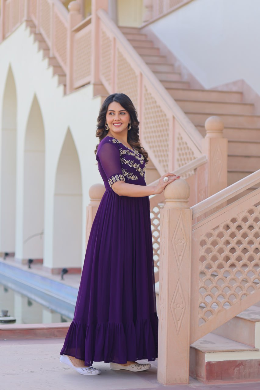 Purple Premium Faux Blooming Frill Gown with Sequins, Multithread & Beads Embroidery