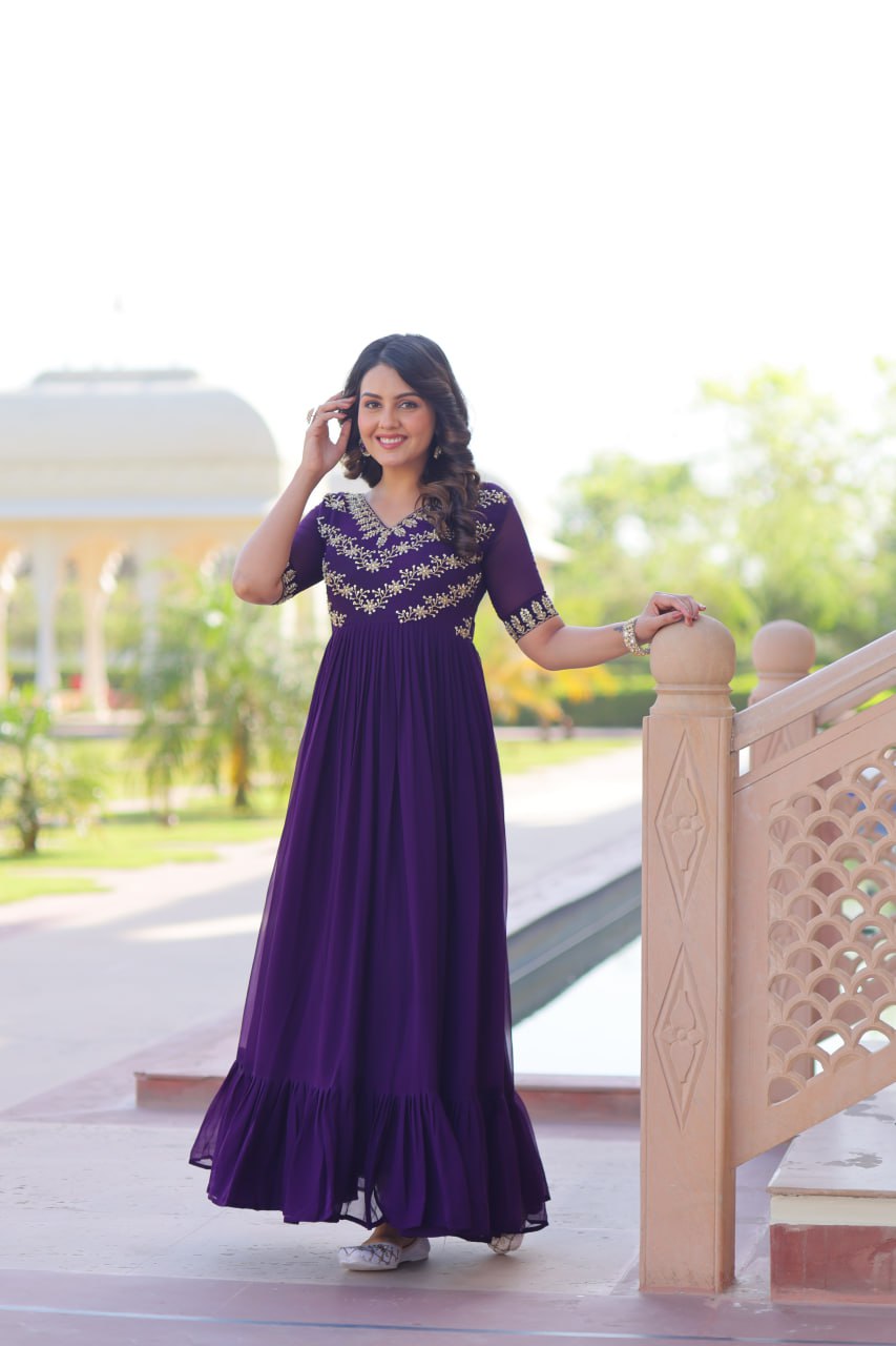 Purple Premium Faux Blooming Frill Gown with Sequins, Multithread & Beads Embroidery