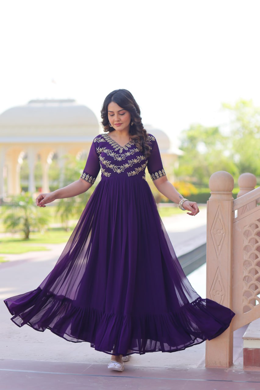 Purple Premium Faux Blooming Frill Gown with Sequins, Multithread & Beads Embroidery