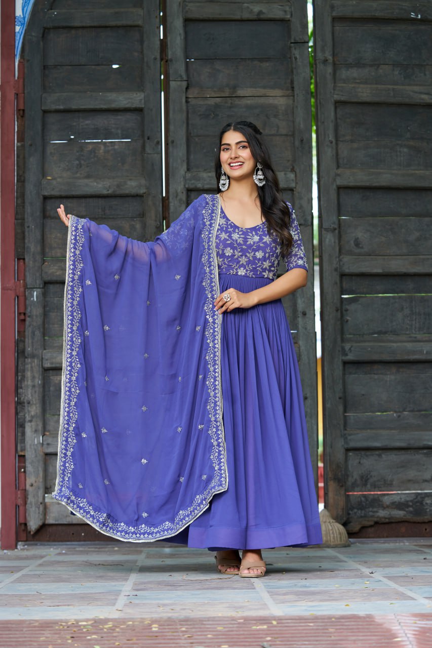 Purple Premium Faux Blooming Sequins & Multithread Beads Embroidered Gown with Designer Dupatta
