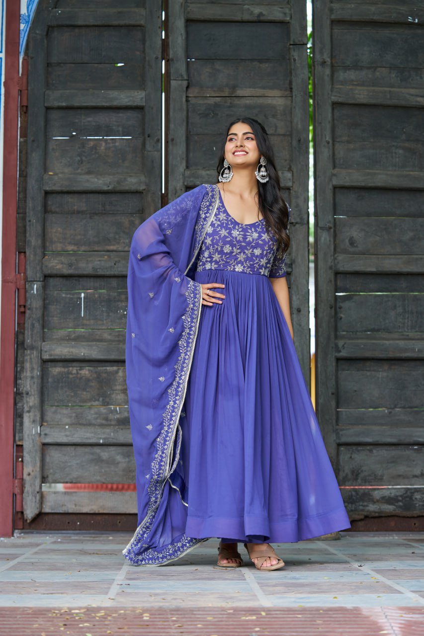 Purple Premium Faux Blooming Sequins & Multithread Beads Embroidered Gown with Designer Dupatta