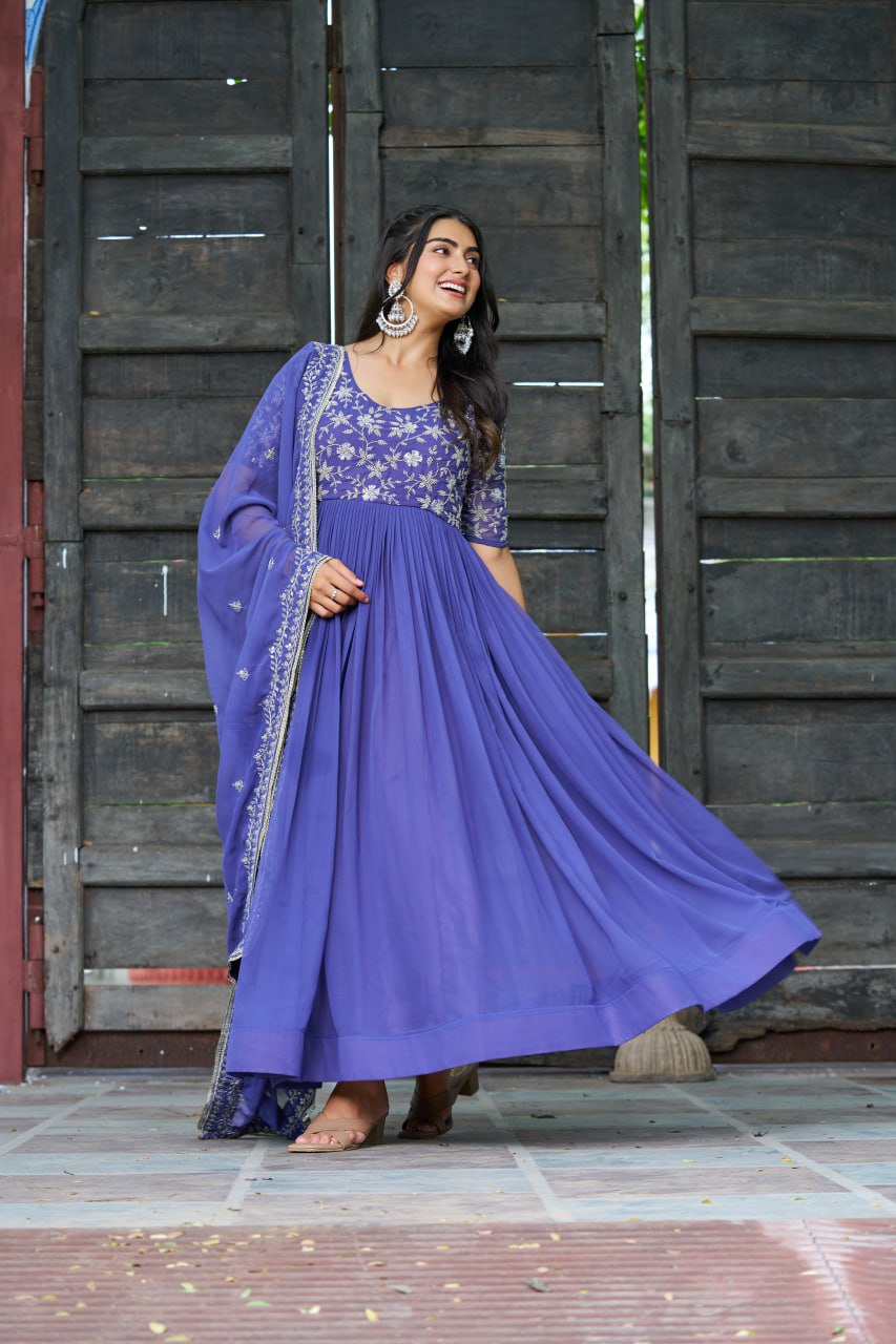 Purple Premium Faux Blooming Sequins & Multithread Beads Embroidered Gown with Designer Dupatta