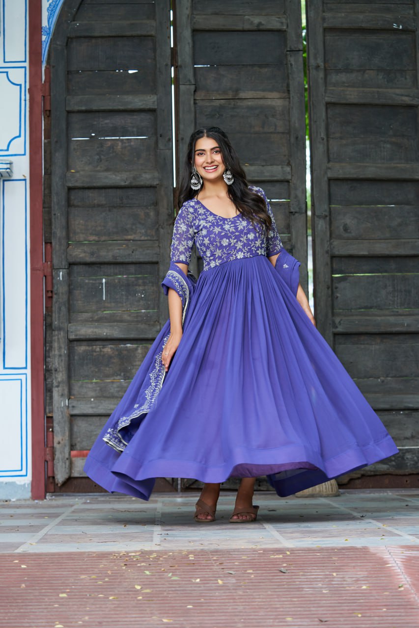 Purple Premium Faux Blooming Sequins & Multithread Beads Embroidered Gown with Designer Dupatta