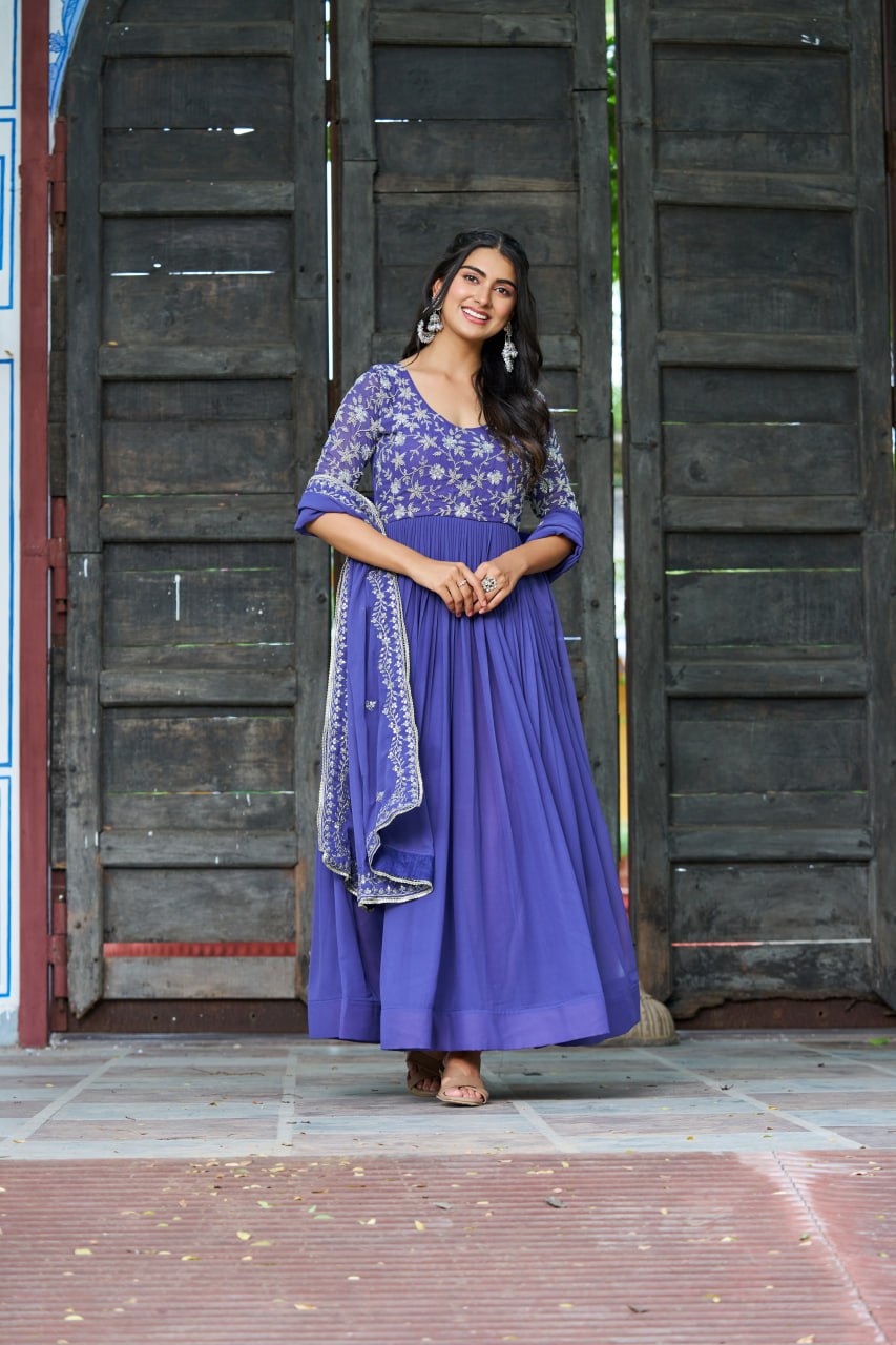 Purple Premium Faux Blooming Sequins & Multithread Beads Embroidered Gown with Designer Dupatta