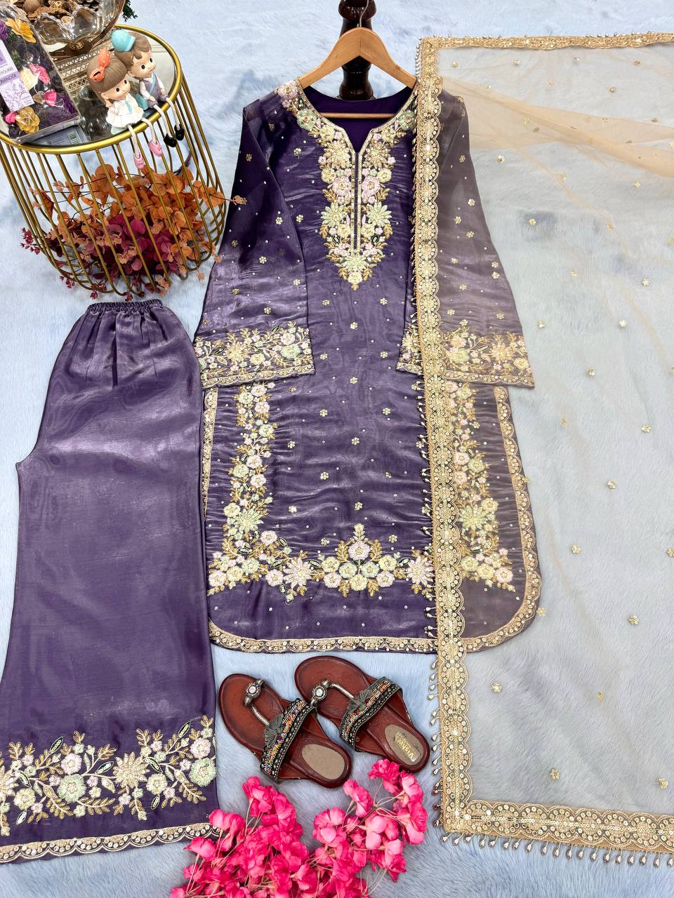 Purple Premium Embroidered Palazzo Set with Dupatta
