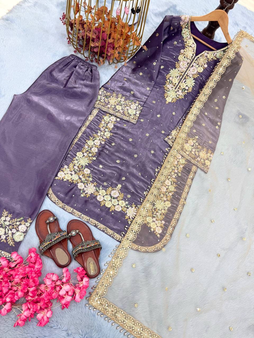 Purple Premium Embroidered Palazzo Set with Dupatta