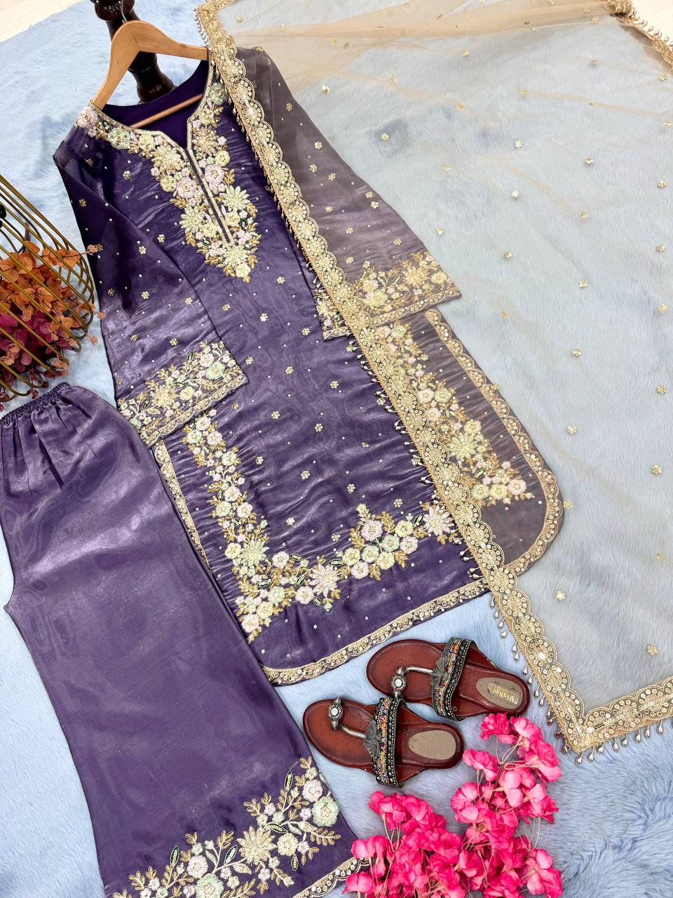 Purple Premium Embroidered Palazzo Set with Dupatta