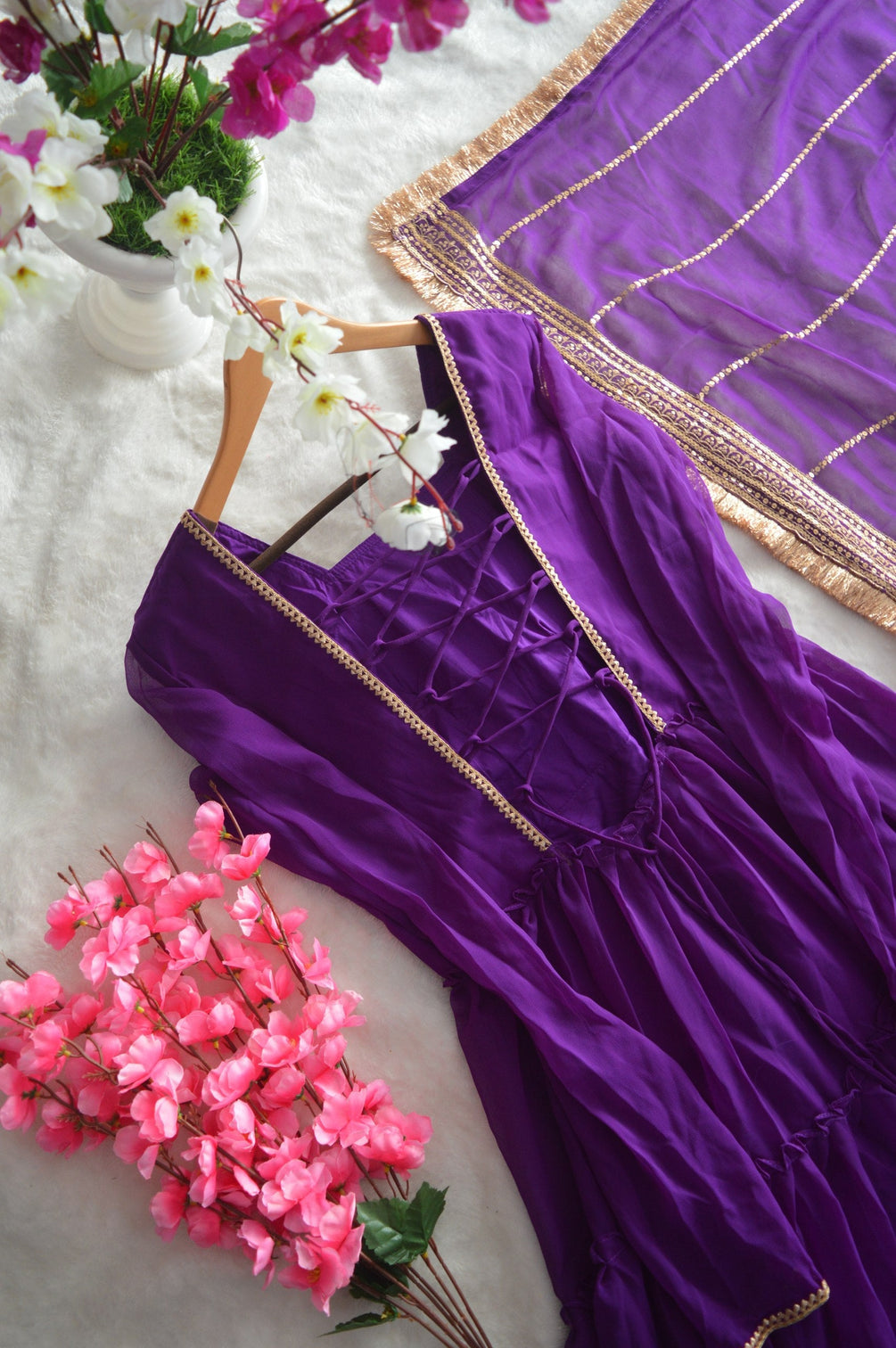 Purple Premium Ruffle Style Faux Georgette Gown with Sequin Embroidered Dupatta – Fully Stitched
