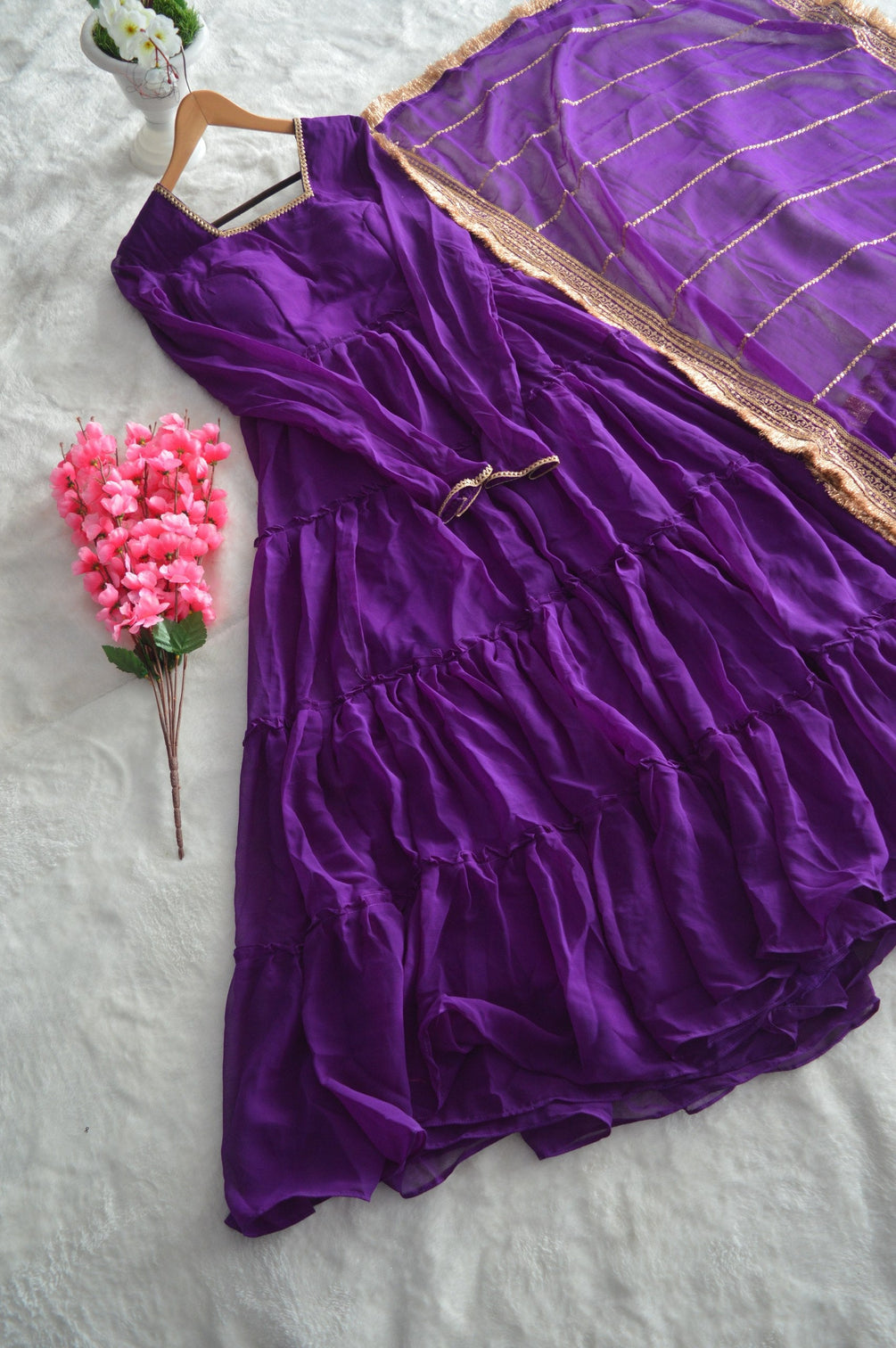 Purple Premium Ruffle Style Faux Georgette Gown with Sequin Embroidered Dupatta – Fully Stitched