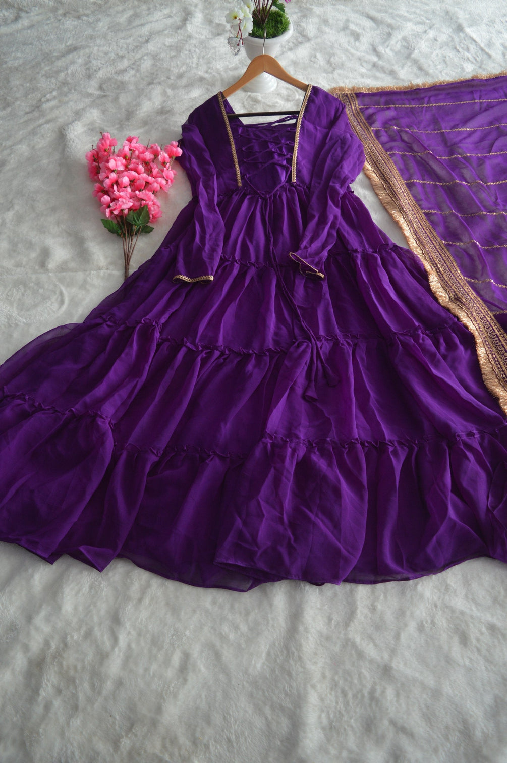 Purple Premium Ruffle Style Faux Georgette Gown with Sequin Embroidered Dupatta – Fully Stitched