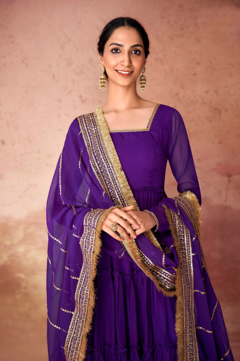 Purple Premium Ruffle Style Faux Georgette Gown with Sequin Embroidered Dupatta – Fully Stitched