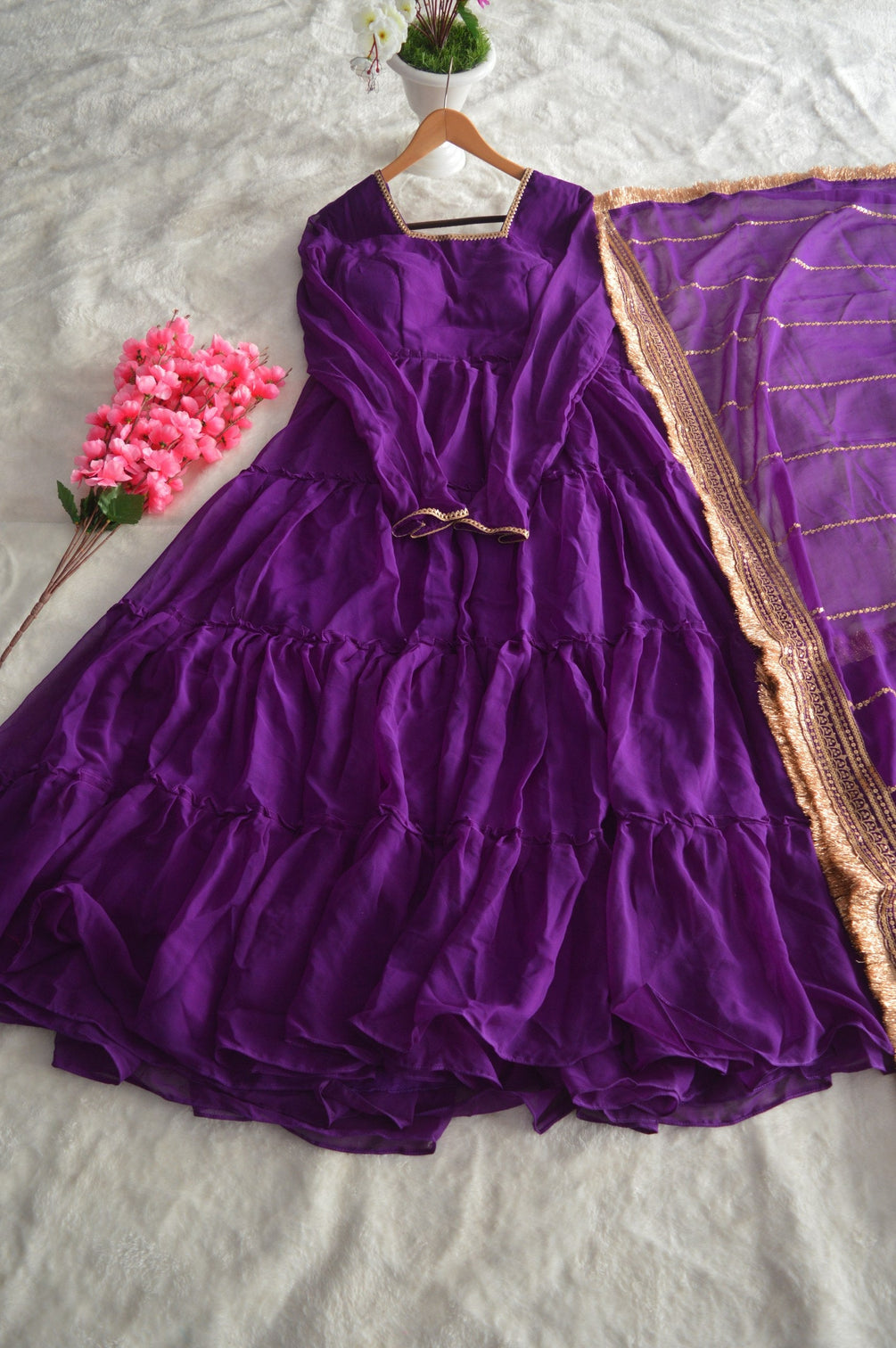 Purple Premium Ruffle Style Faux Georgette Gown with Sequin Embroidered Dupatta – Fully Stitched