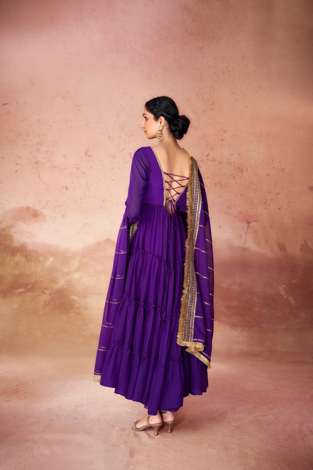 Purple Premium Ruffle Style Faux Georgette Gown with Sequin Embroidered Dupatta – Fully Stitched