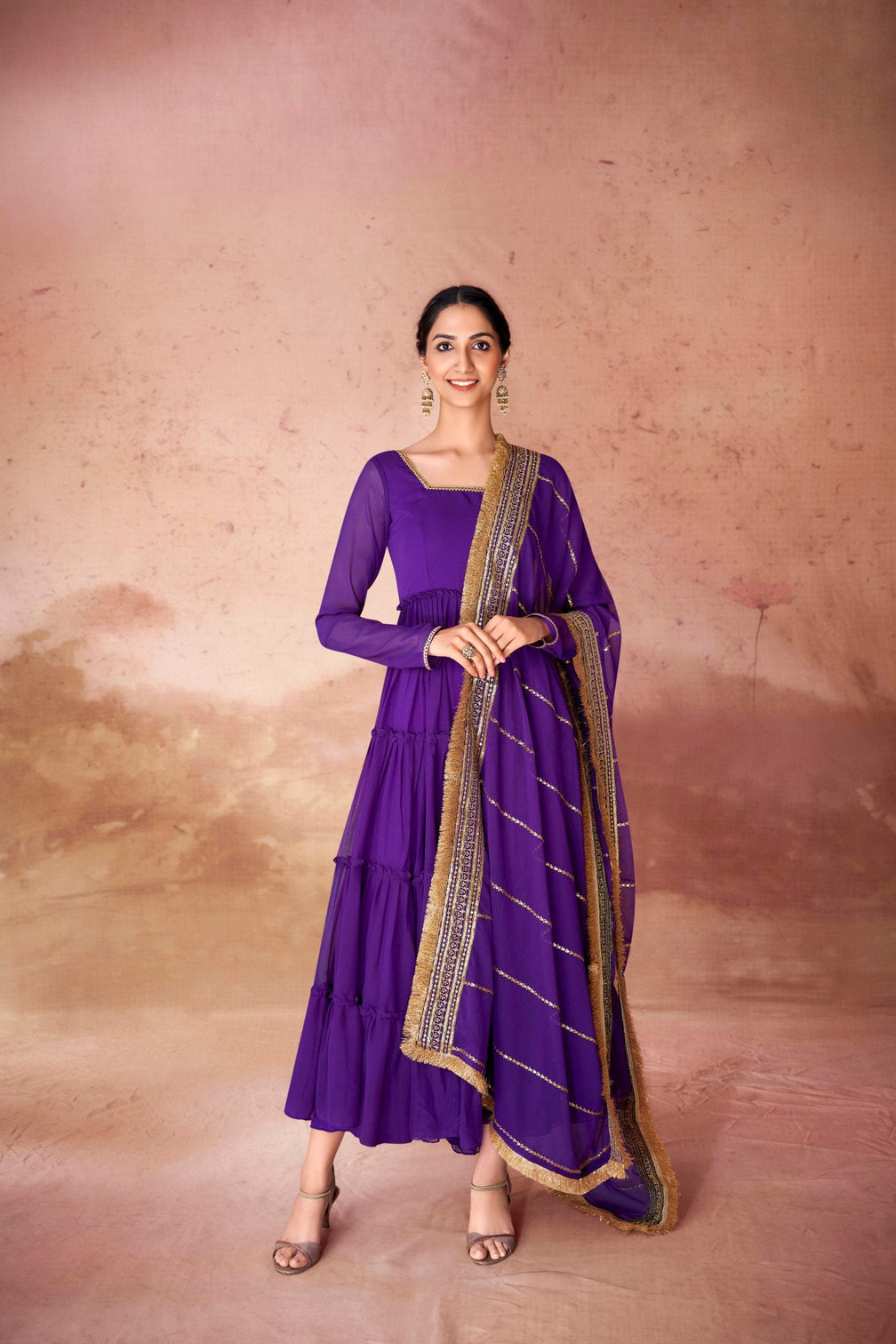 Purple Premium Ruffle Style Faux Georgette Gown with Sequin Embroidered Dupatta – Fully Stitched