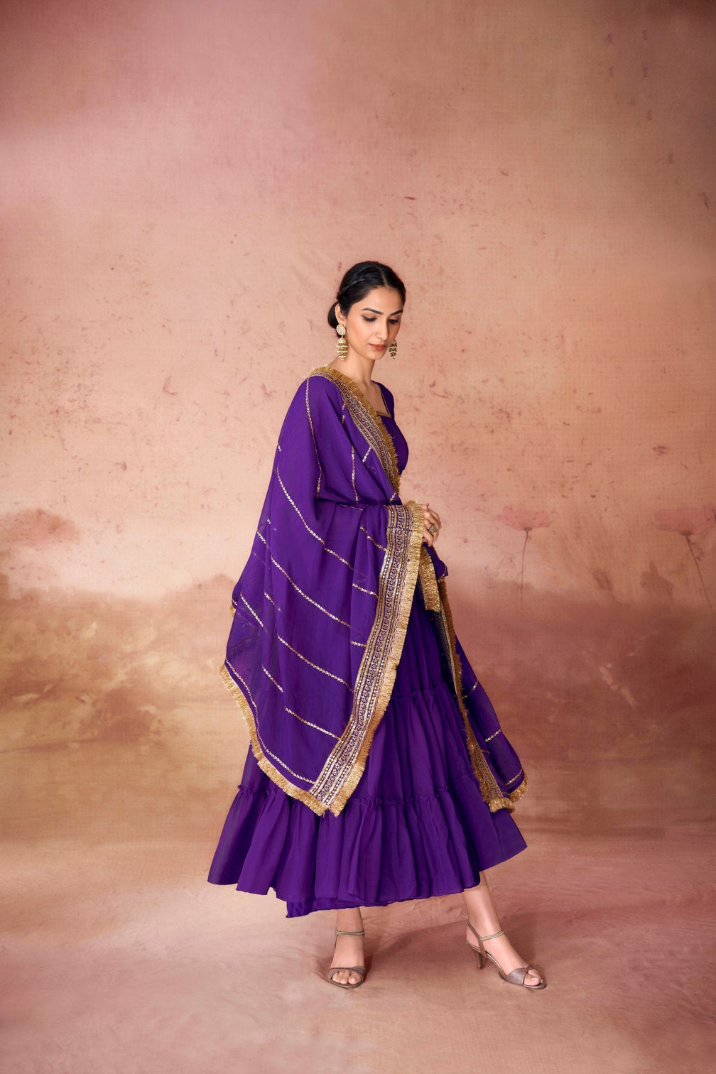 Purple Premium Ruffle Style Faux Georgette Gown with Sequin Embroidered Dupatta – Fully Stitched