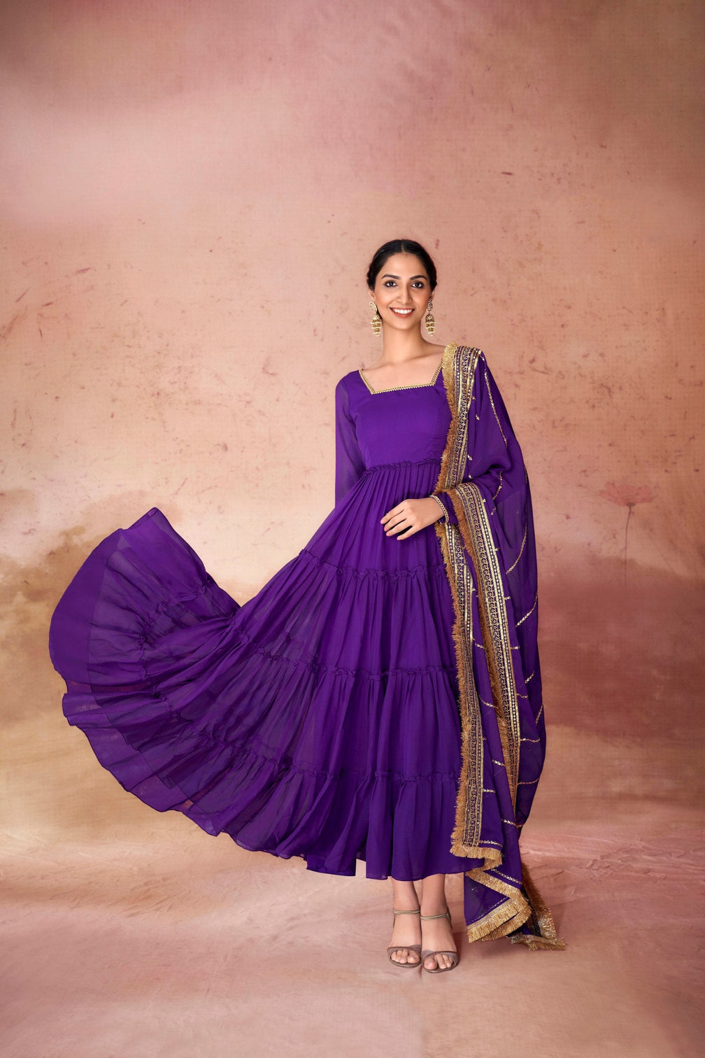 Purple Premium Ruffle Style Faux Georgette Gown with Sequin Embroidered Dupatta – Fully Stitched