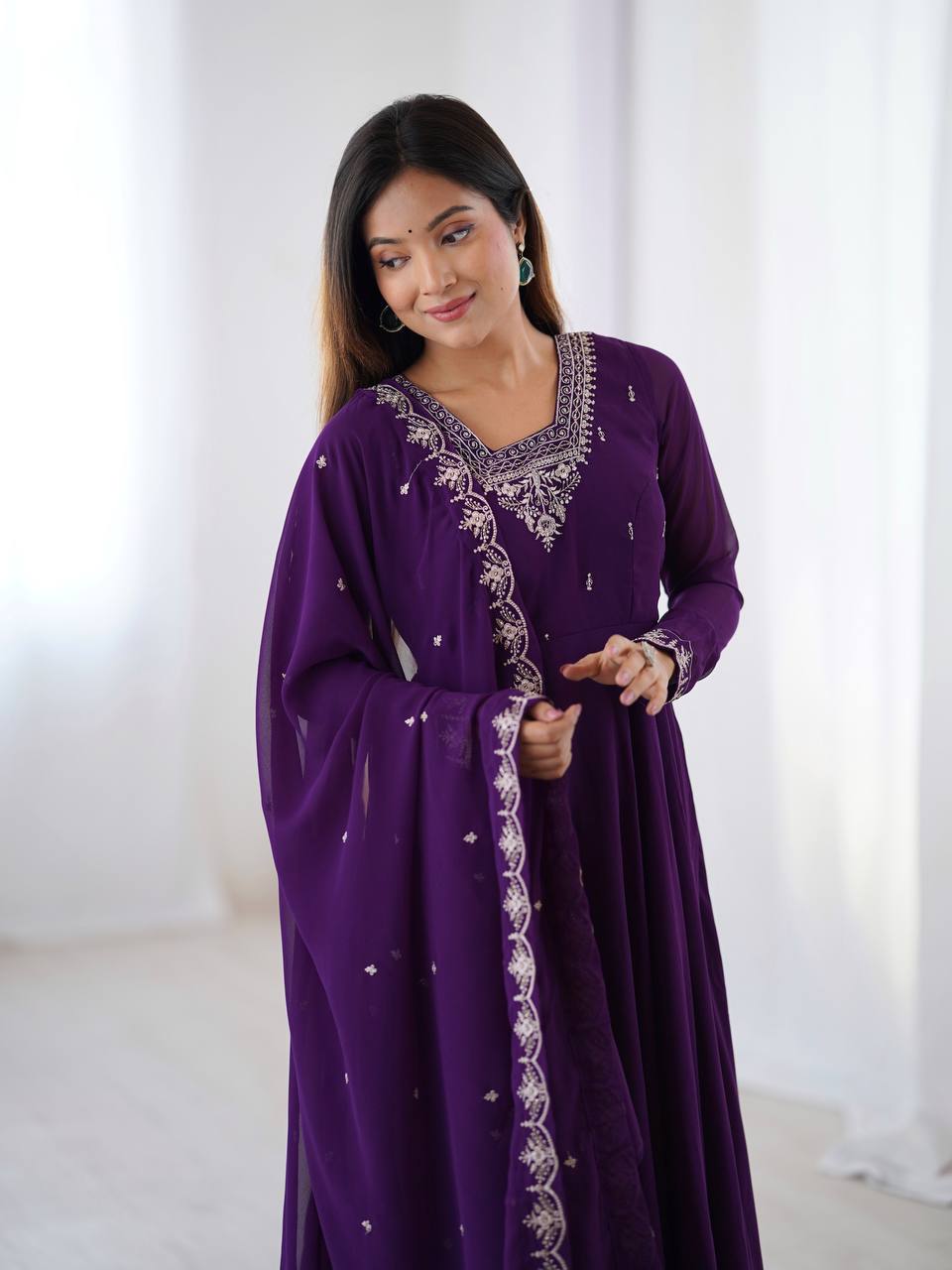 Purple Premium Soft Fox Georgette Fully Flared Anarkali Set with Dupatta & Pant