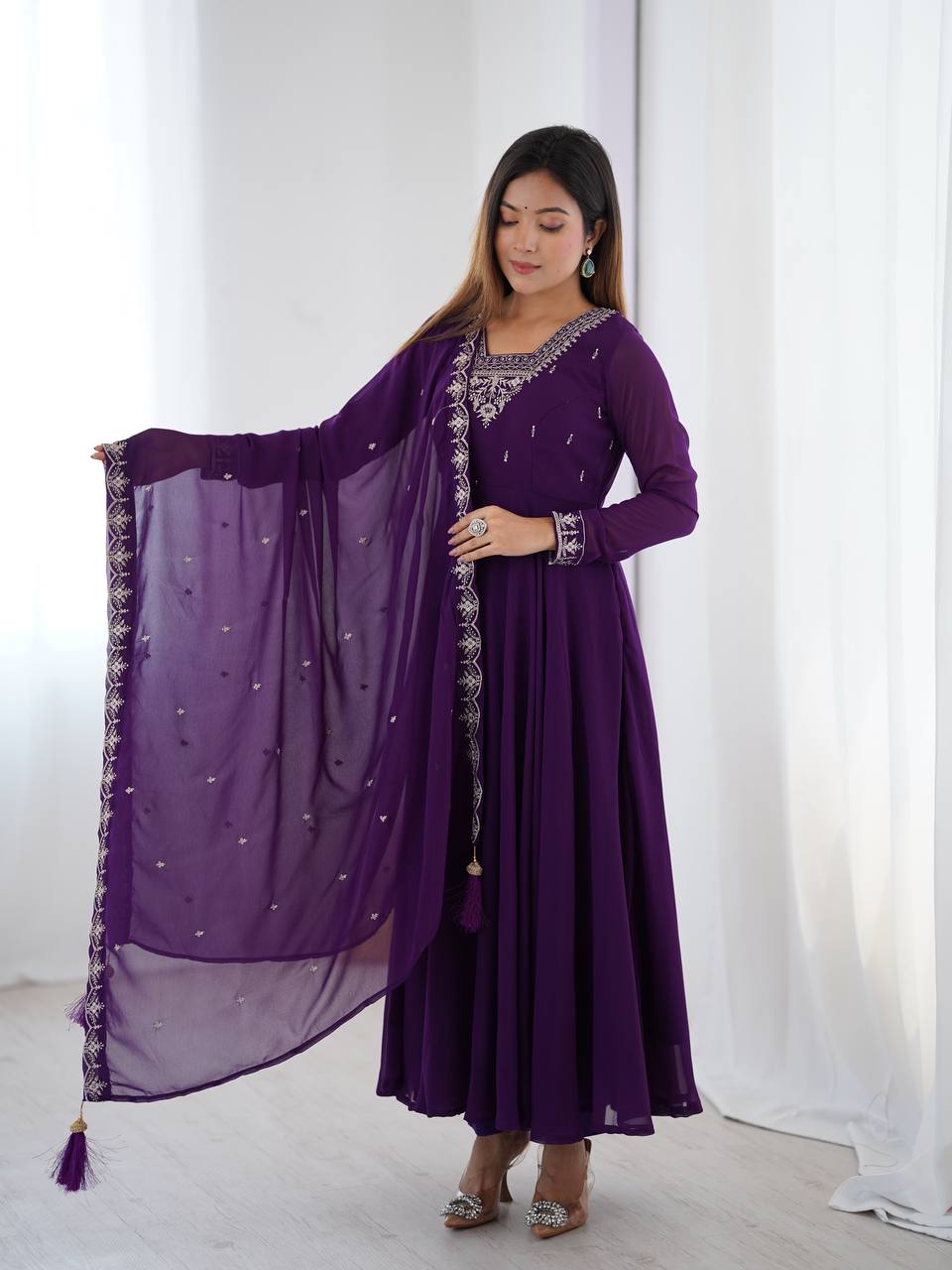 Purple Premium Soft Fox Georgette Fully Flared Anarkali Set with Dupatta & Pant