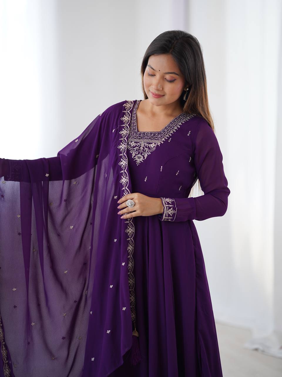 Purple Premium Soft Fox Georgette Fully Flared Anarkali Set with Dupatta & Pant