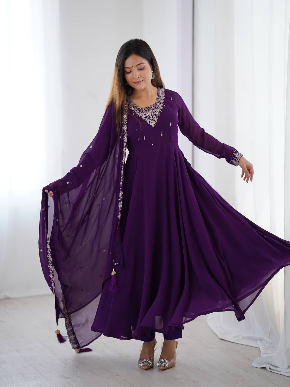 Purple Premium Soft Fox Georgette Fully Flared Anarkali Set with Dupatta & Pant