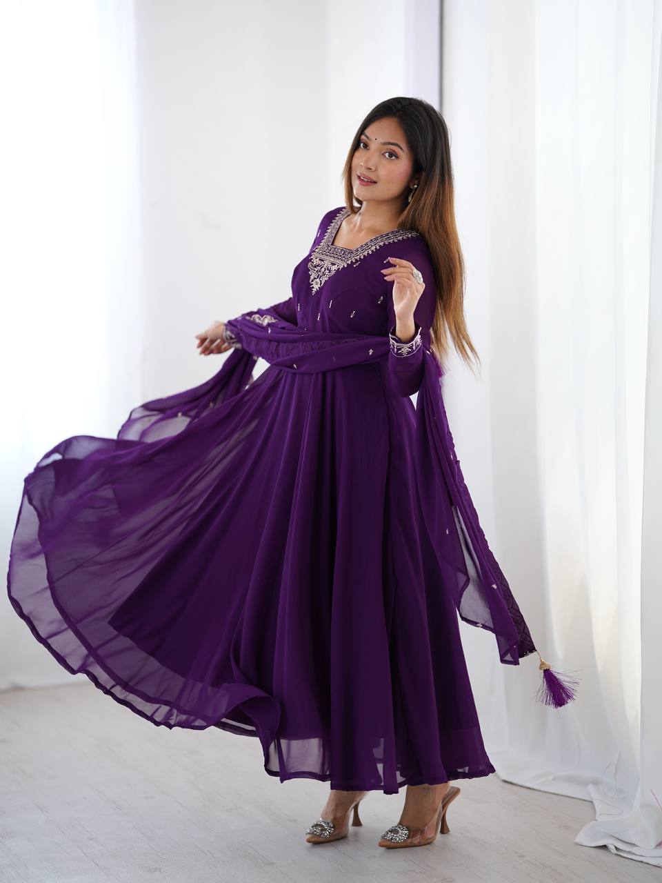 Purple Premium Soft Fox Georgette Fully Flared Anarkali Set with Dupatta & Pant