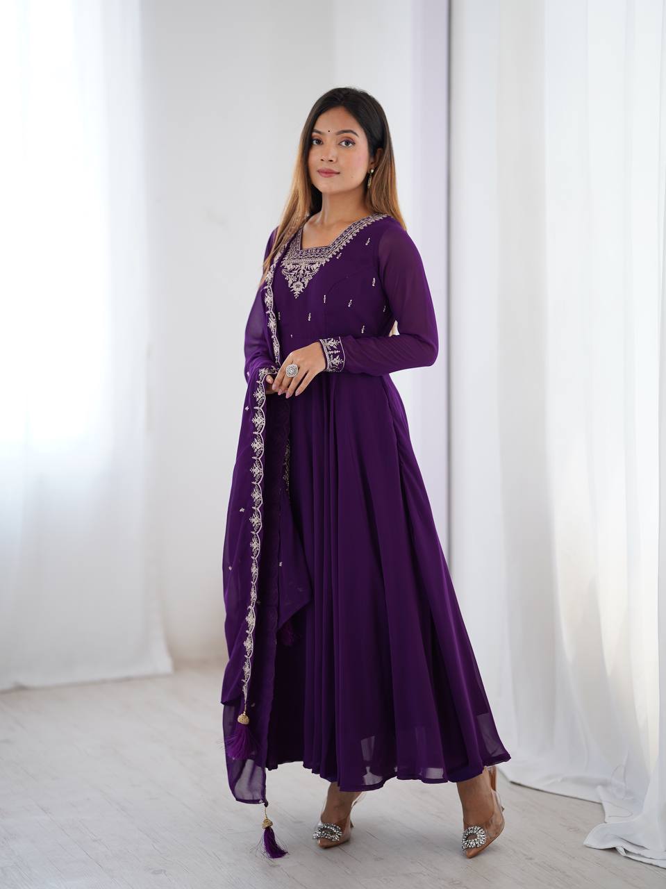 Purple Premium Soft Fox Georgette Fully Flared Anarkali Set with Dupatta & Pant