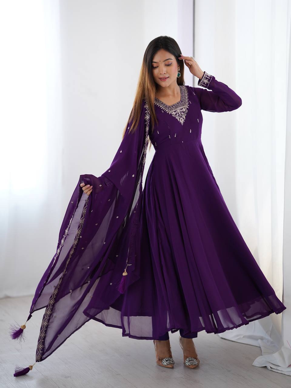 Purple Premium Soft Fox Georgette Fully Flared Anarkali Set with Dupatta & Pant