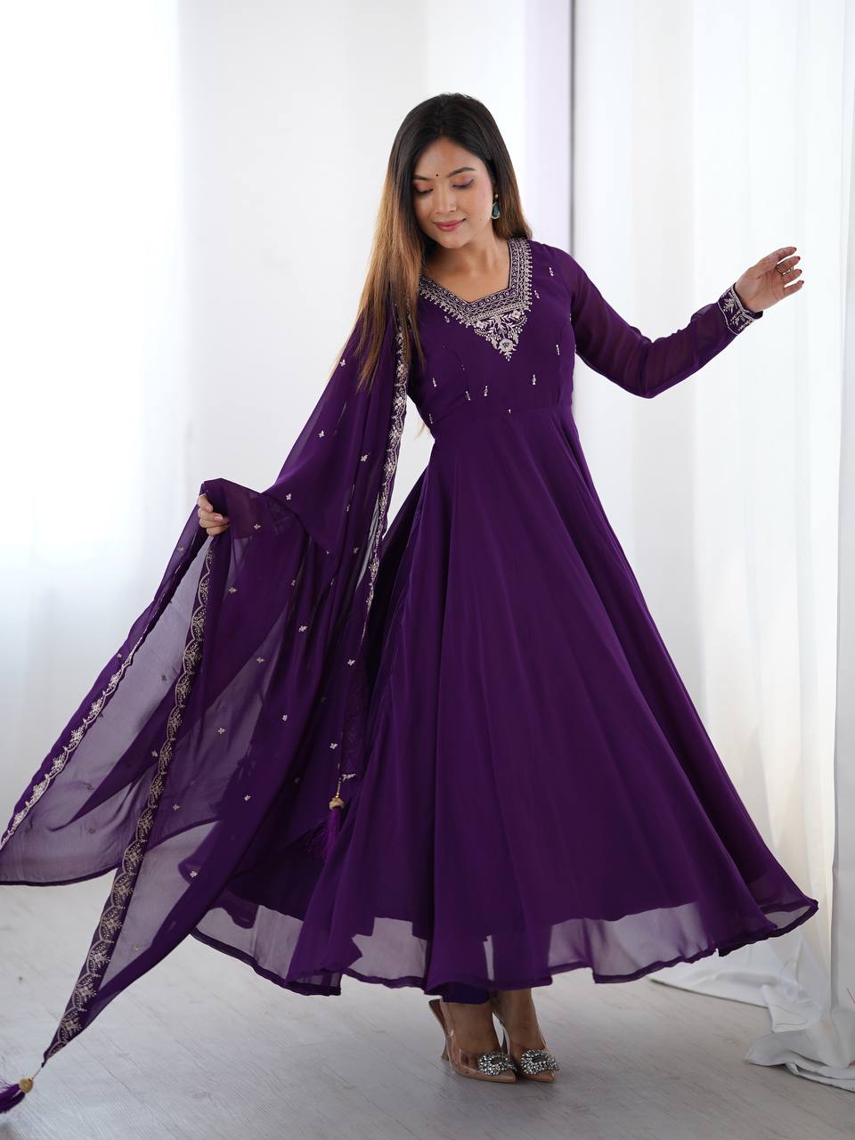 Purple Premium Soft Fox Georgette Fully Flared Anarkali Set with Dupatta & Pant